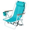 Folding Beach Chair Set of 2 for Adults, 4 Position Portable Backpack Foldable Camping Chair with Headrest Cup Holder and Wooden Armrests, Green